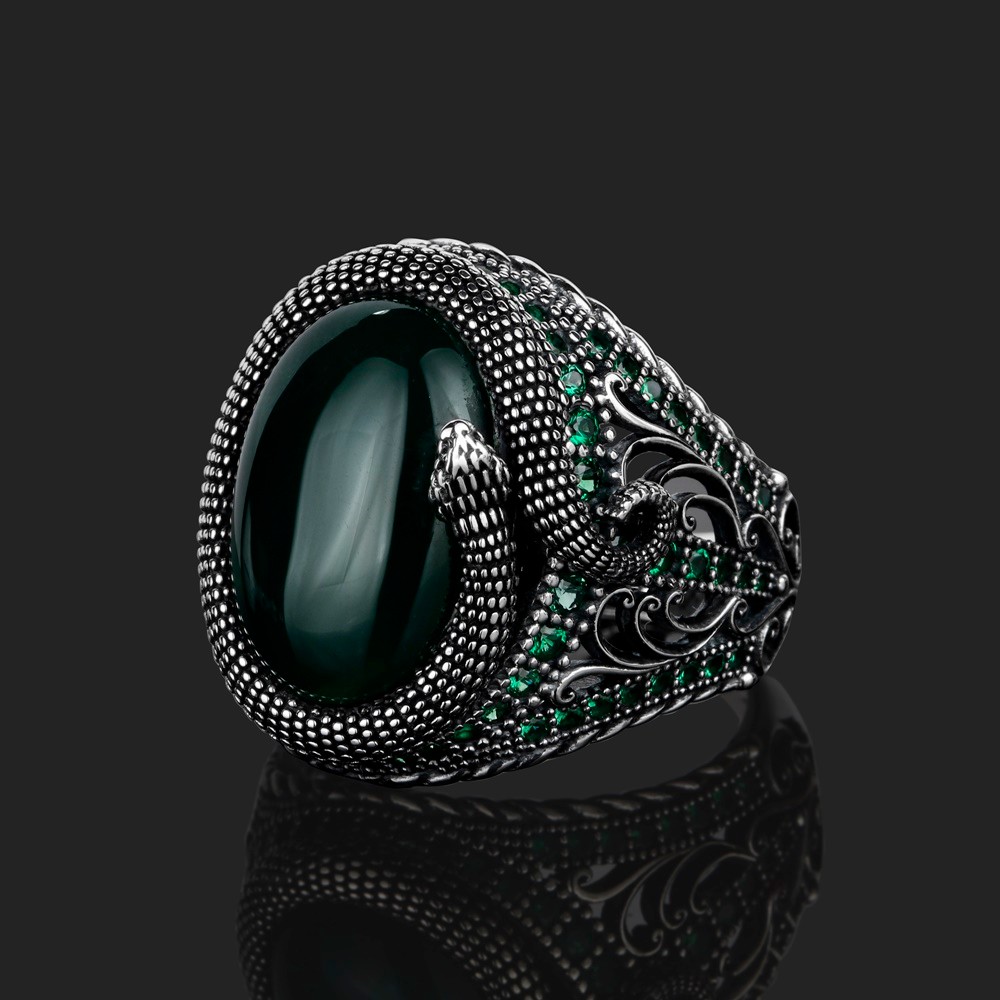 Agate Green Snake Design Silver Men Ring