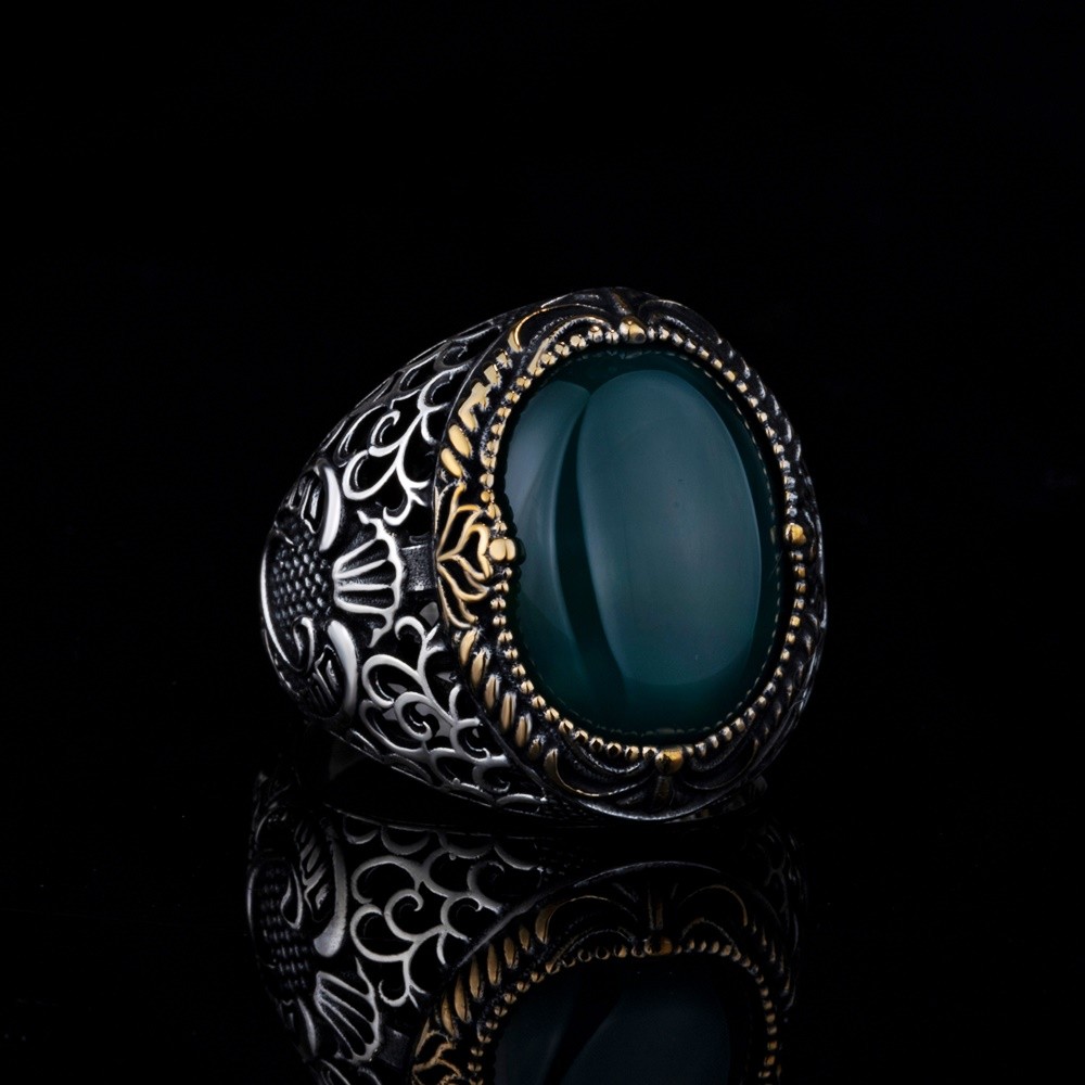 Agate Green Silver Men Ring