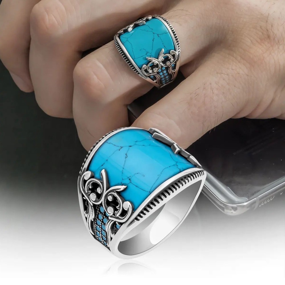 Silver turquoise stone men ring