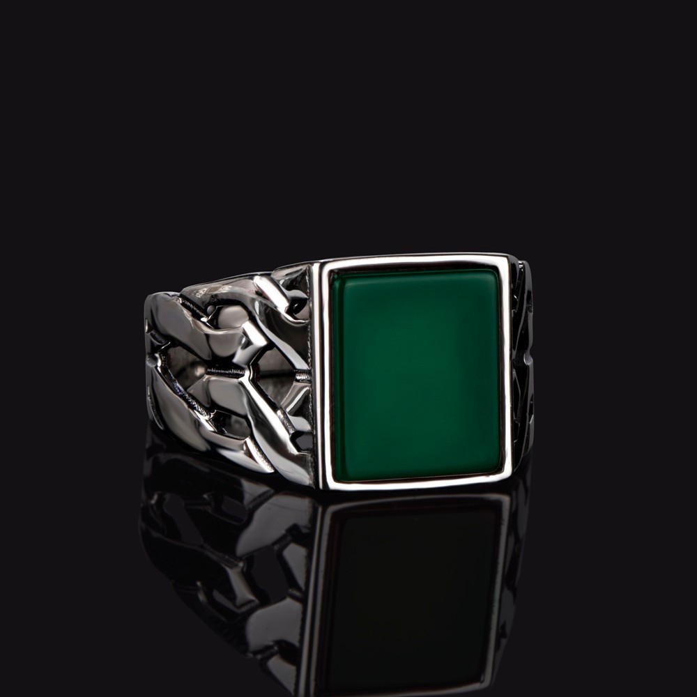 Chain model green agate silver men ring