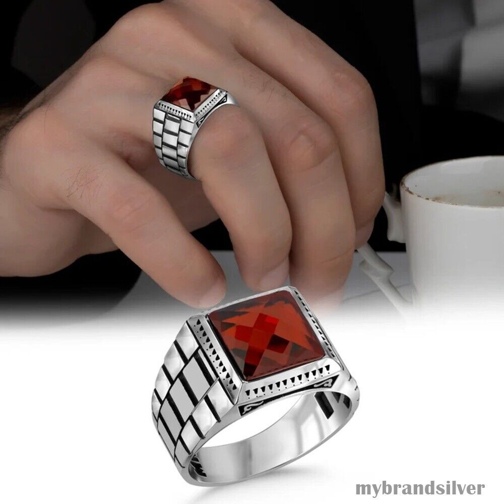 Silver Men's Ring with Red Zircon