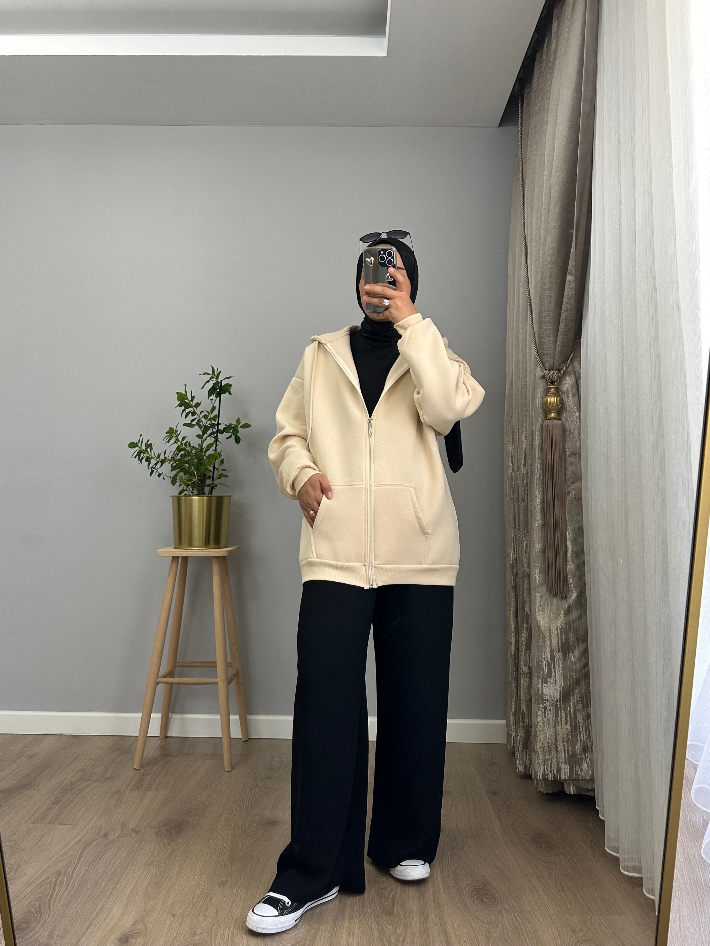 3 İPLİK ŞARDONLU KAPÜŞONLU SWEATSHİRT/HIRKA-BEJ