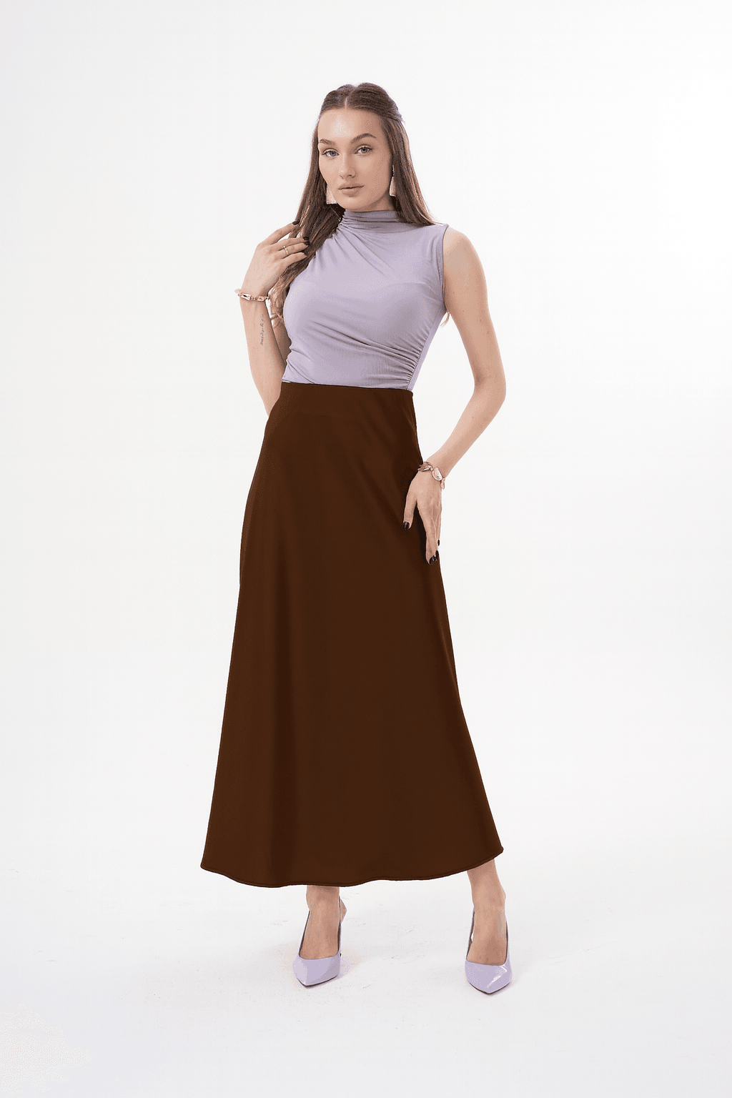SATEN DOKULU YÜKSEK BEL MAXİ ETEK