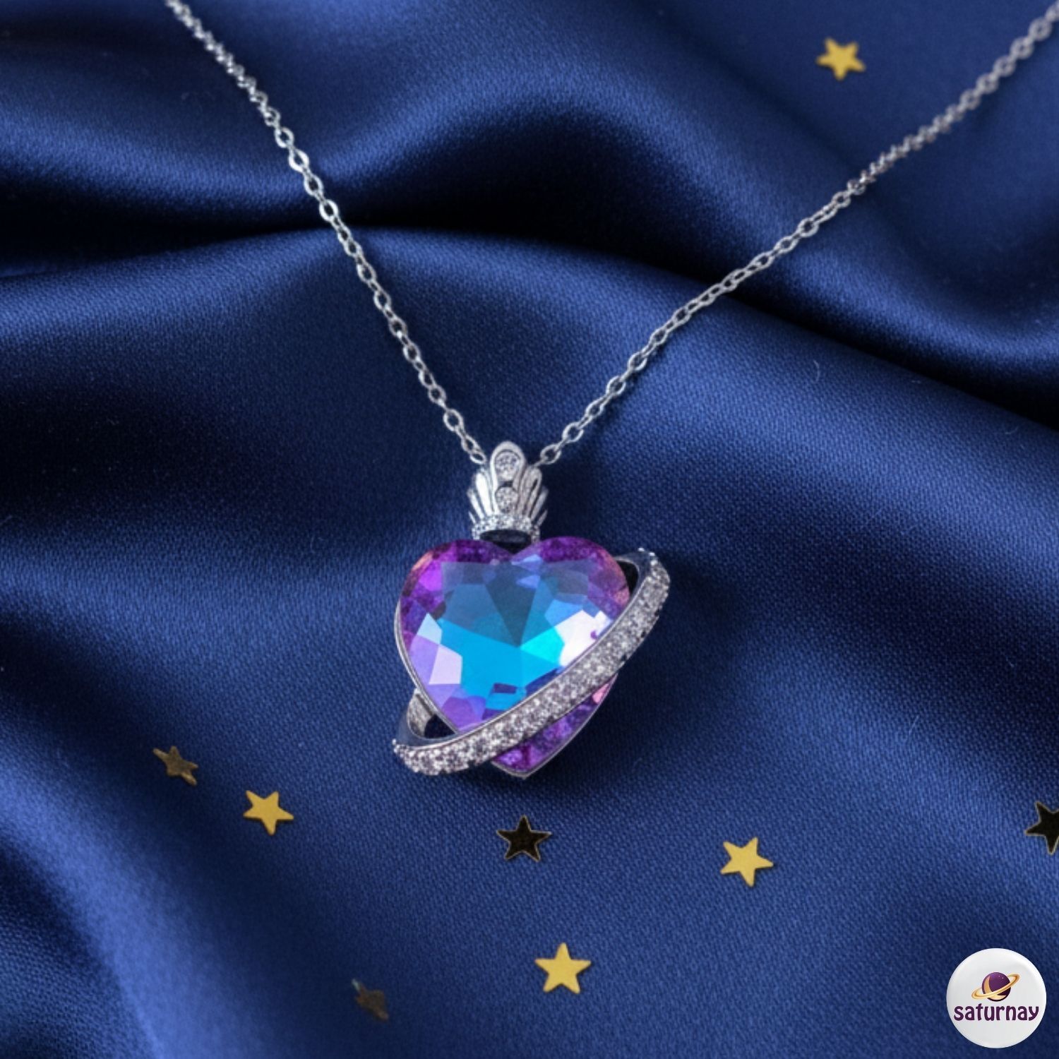 Satürn Kalbi Silver Renk Çelik Kolye Paslanmaz Sevgiliye Hediye