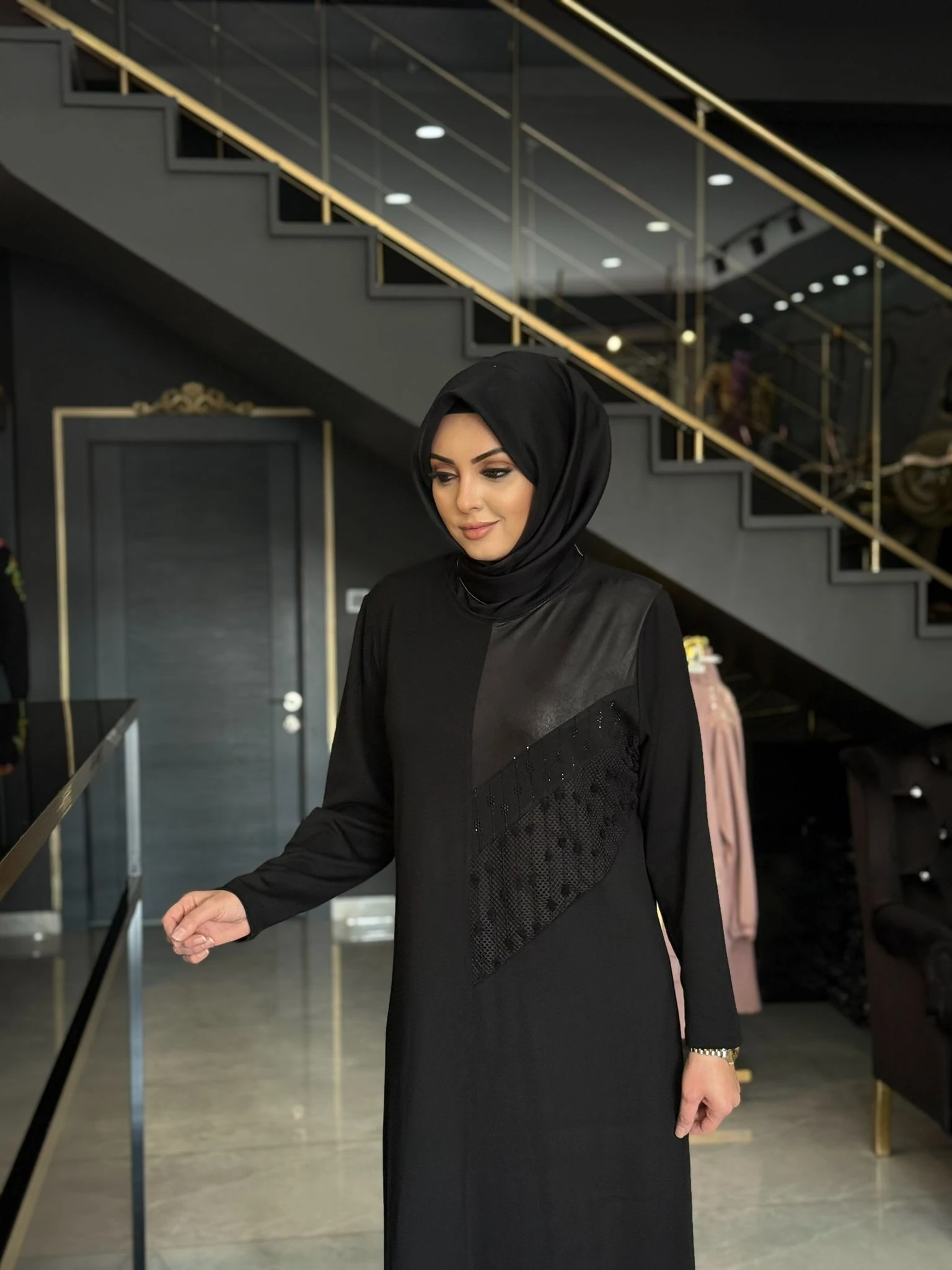 Çelik Örme Deri Detaylı Elbise