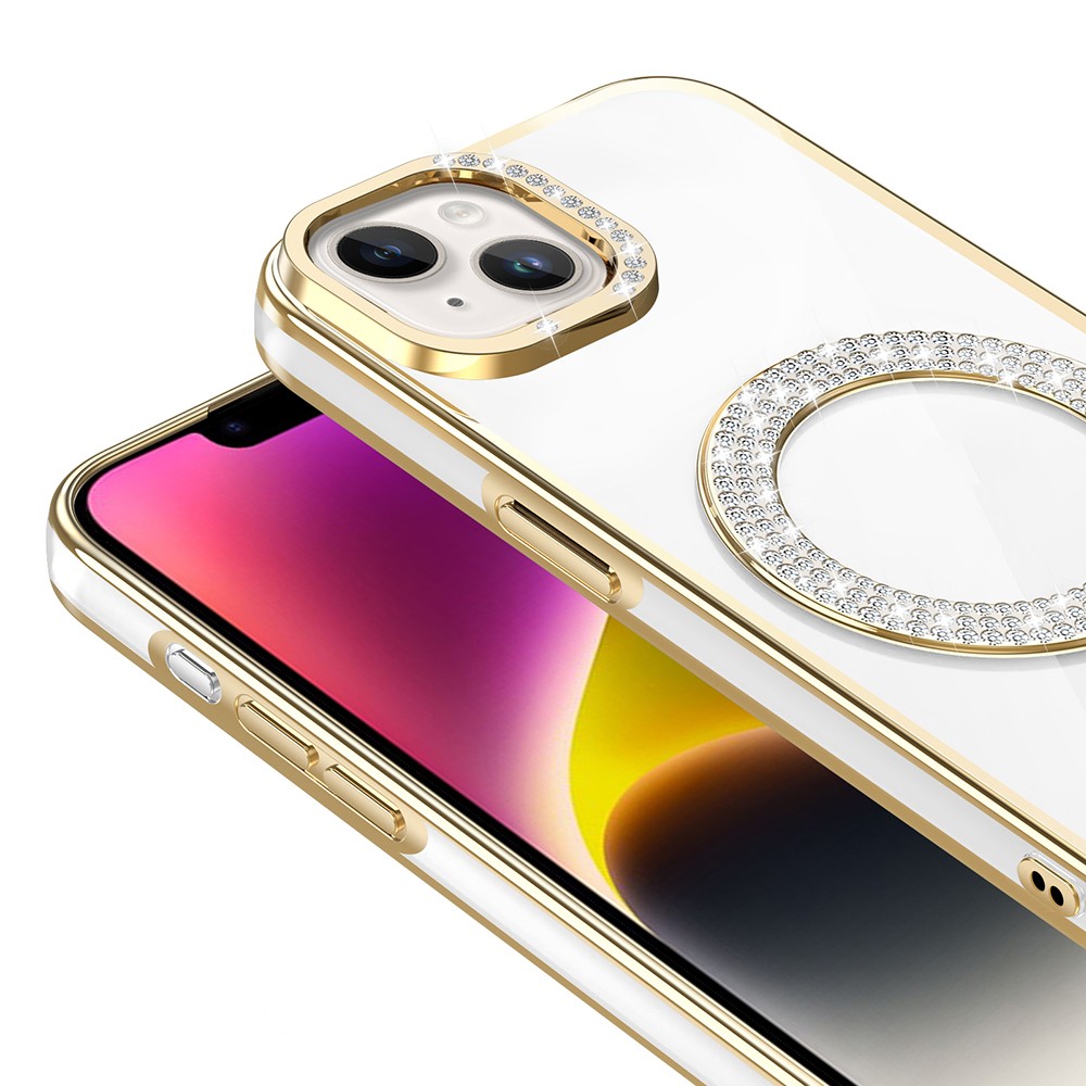iPhone 14 Kılıf Pırlanta Taş Tasarımlı M-safe Şarj Özellikli Karetta Silikon