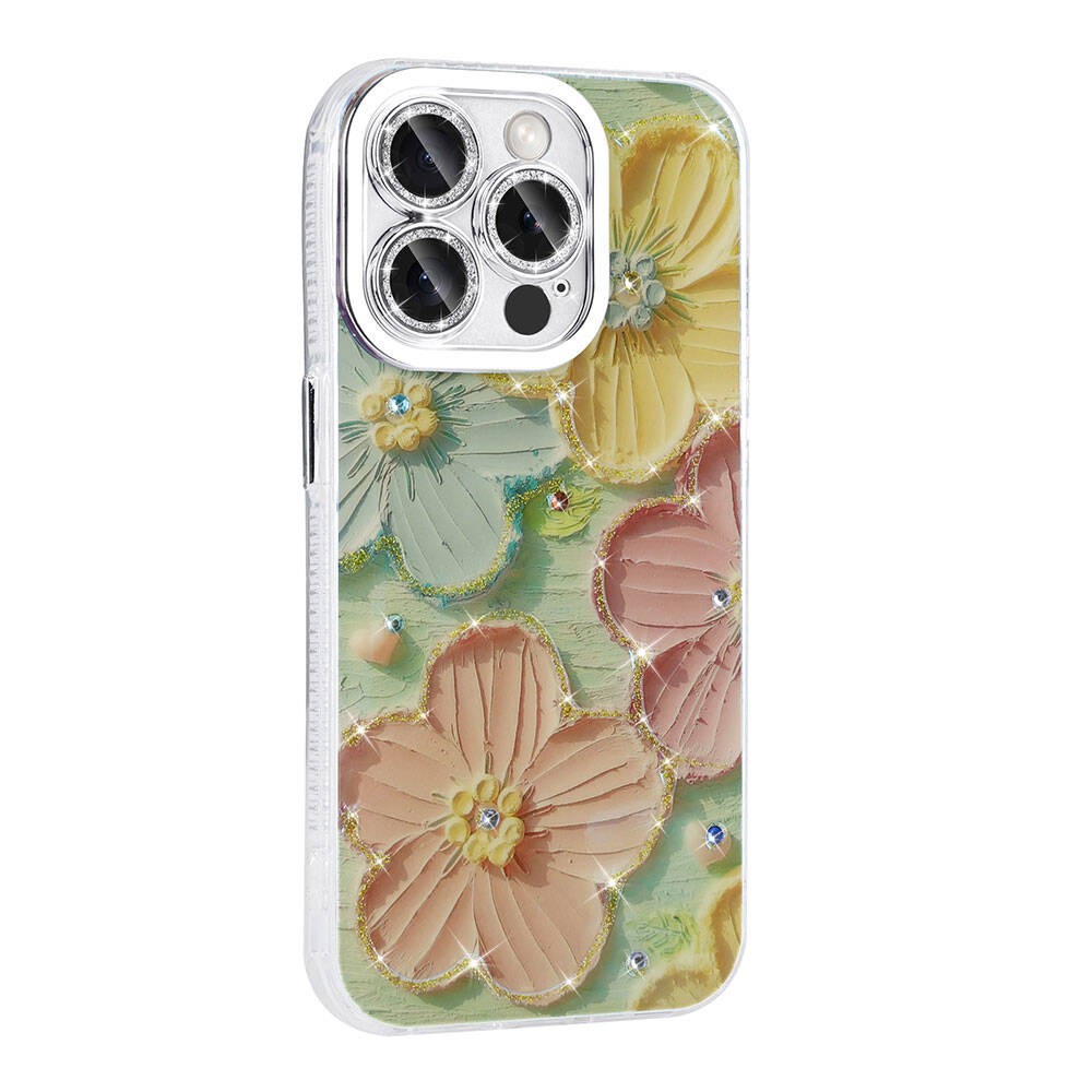 iPhone 14 Pro Max Kılıf Çiçek Desenli Parlak Taşlı Sert Silikon Garden