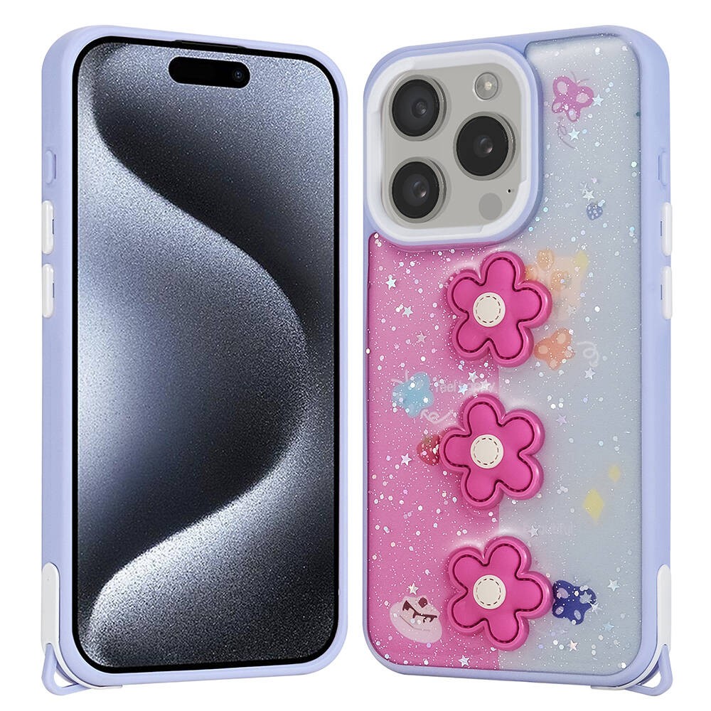 iPhone 15 Pro Kılıf Parlayan Simli Kabartma Figürlü Cevze