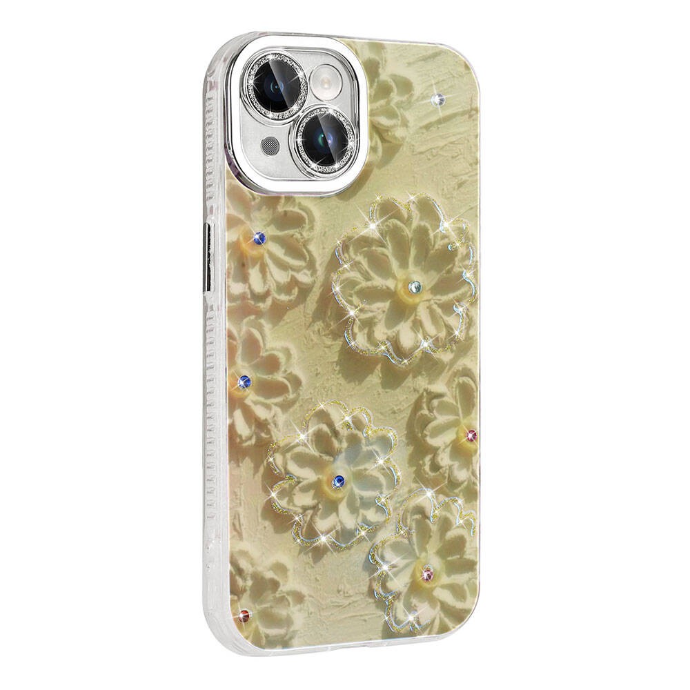iPhone 14 Kılıf Çiçek Desenli Parlak Taşlı Sert Silikon Garden