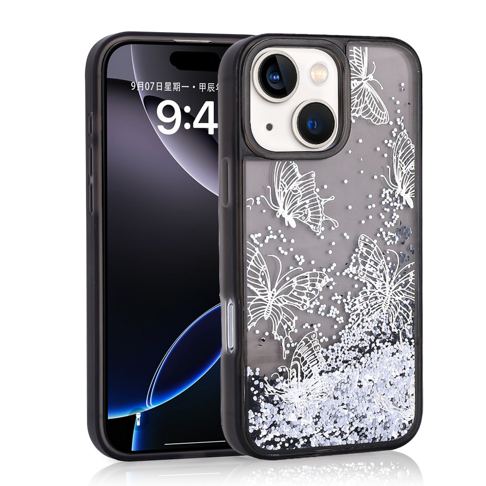 iPhone 13 Kılıf Sıvılı Simli Kelebek Baskılı Şeffaf Arka Yüzey Glis Silikon