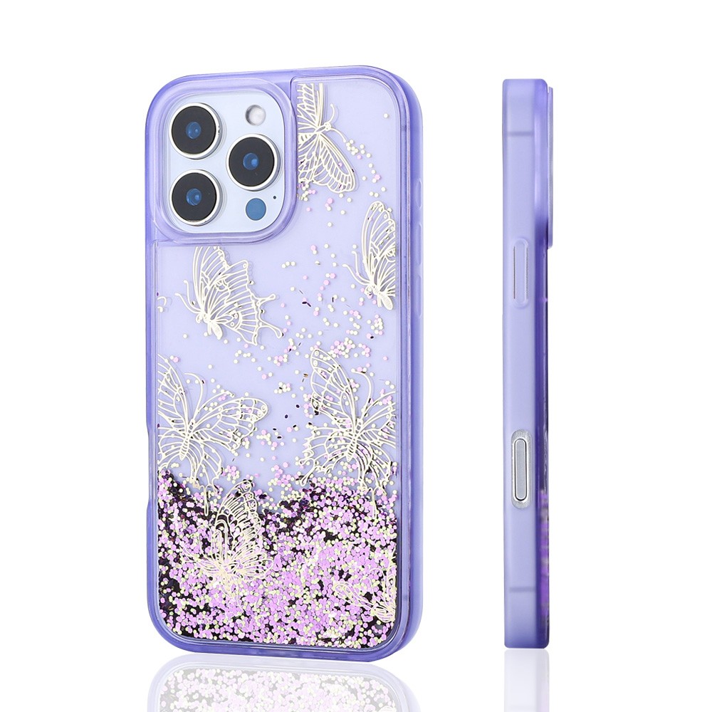 iPhone 16 Pro Kılıf Sıvılı Simli Kelebek Baskılı Şeffaf Arka Yüzey Glis Silikon