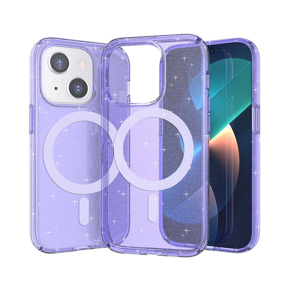 iPhone 14 Kılıf M-safe Şarj Özellikli Parlayan Simli Saydam Renkli Allstar