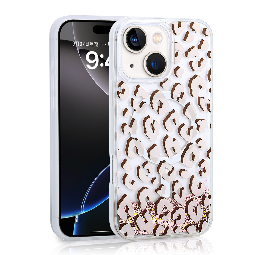 iPhone 15 Kılıf Sıvılı Simli Baskılı Şeffaf Arka Yüzey Mossa Silikon