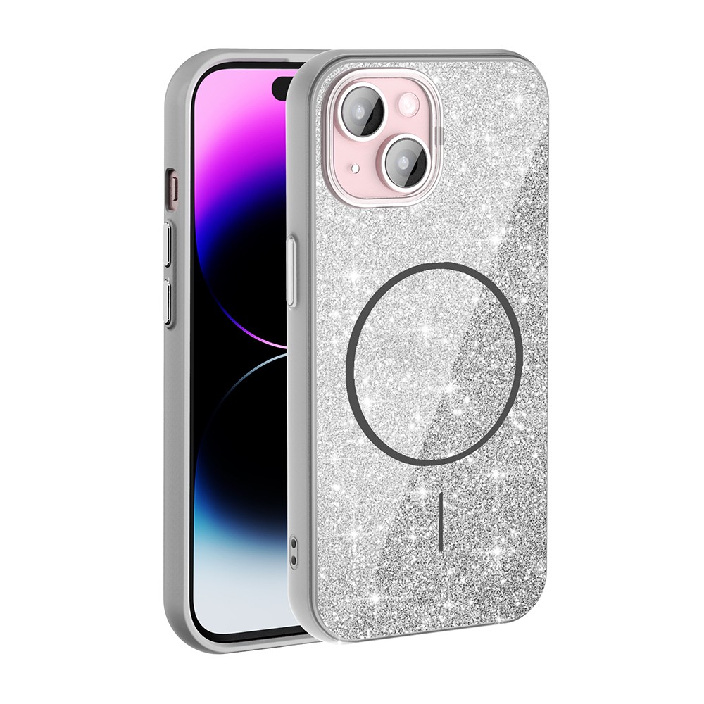 iPhone 15 Kılıf M-safe Şarj Özellikli Parlayan Simli Okso