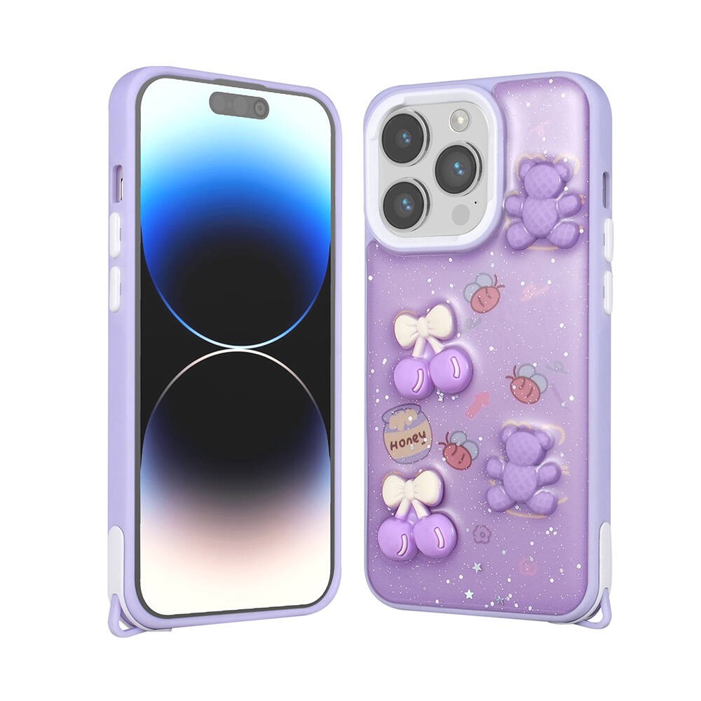 iPhone 14 Pro Kılıf Parlayan Simli Kabartma Figürlü Cevze