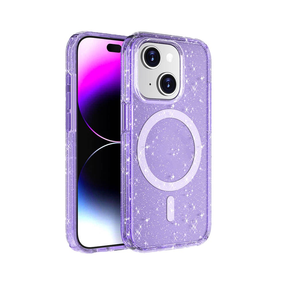 iPhone 15 Kılıf M-safe Şarj Özellikli Parlayan Simli Saydam Renkli Allstar