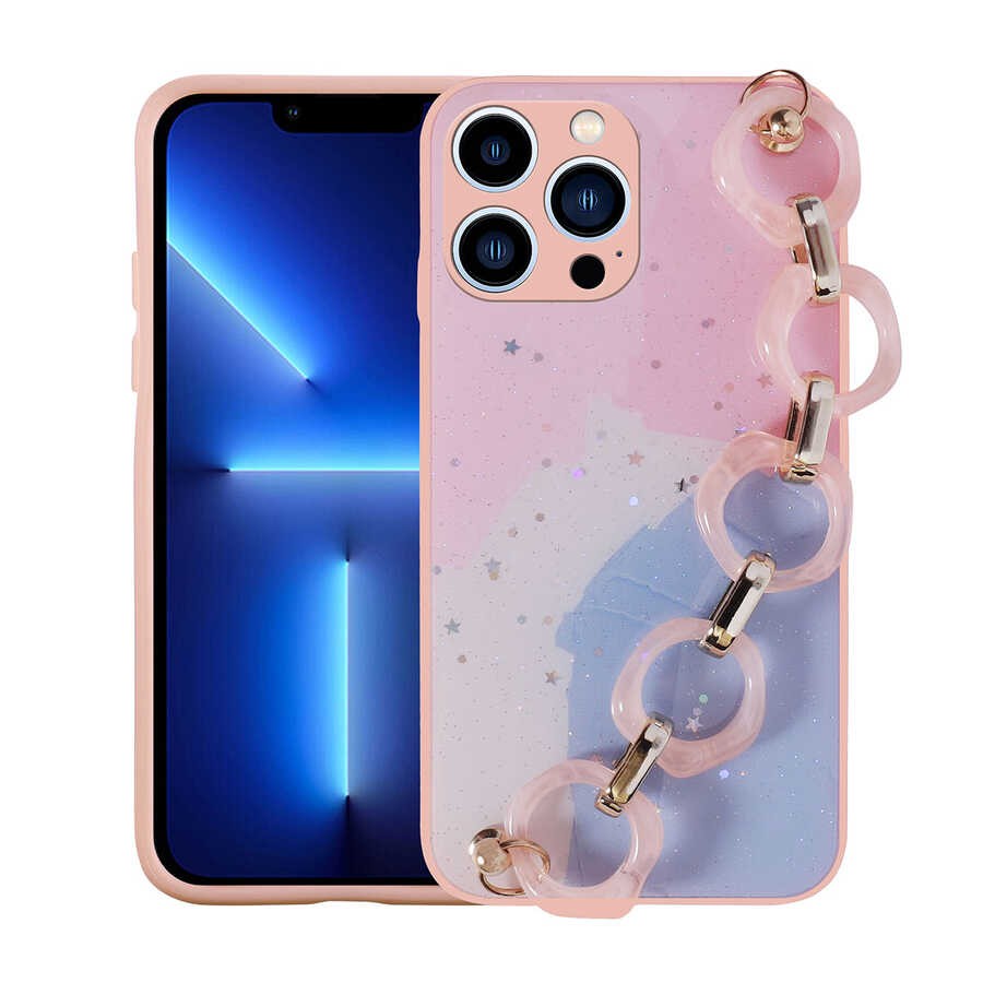 iPhone 13 Pro Kılıf Simli Desenli El Askılı Tutacaklı Elsa Silikon