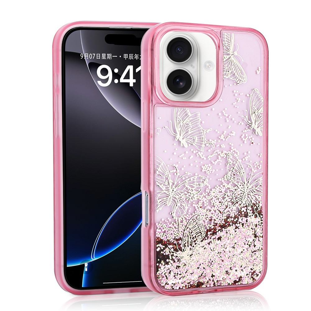 iPhone 16 Kılıf Sıvılı Simli Kelebek Baskılı Şeffaf Arka Yüzey Glis Silikon