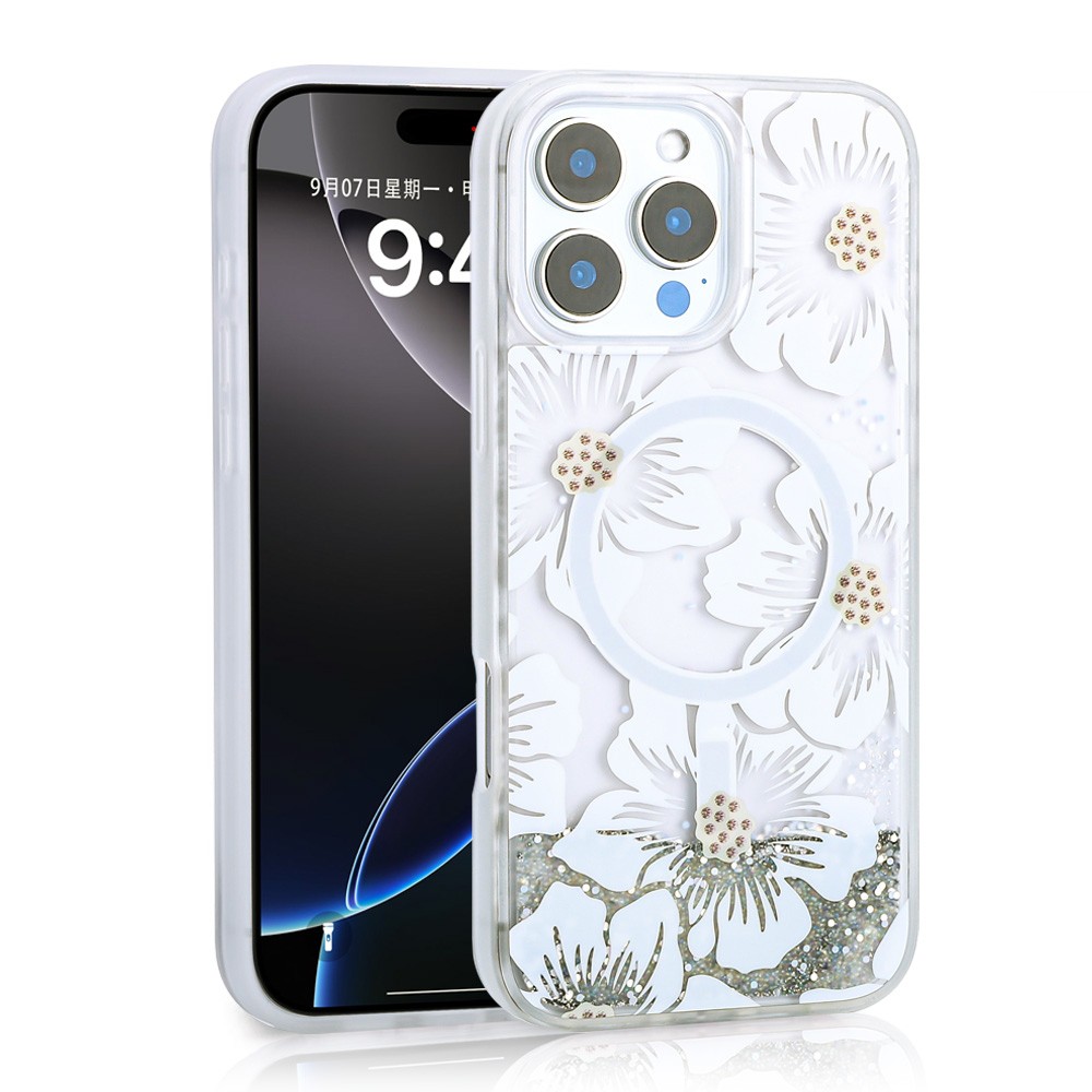 iPhone 16 Pro Kılıf Sıvılı Simli Baskılı Şeffaf Arka Yüzey Mossa Silikon