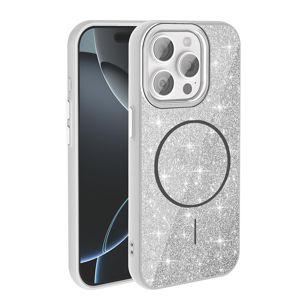 iPhone 15 Pro Kılıf M-safe Şarj Özellikli Parlayan Simli Okso