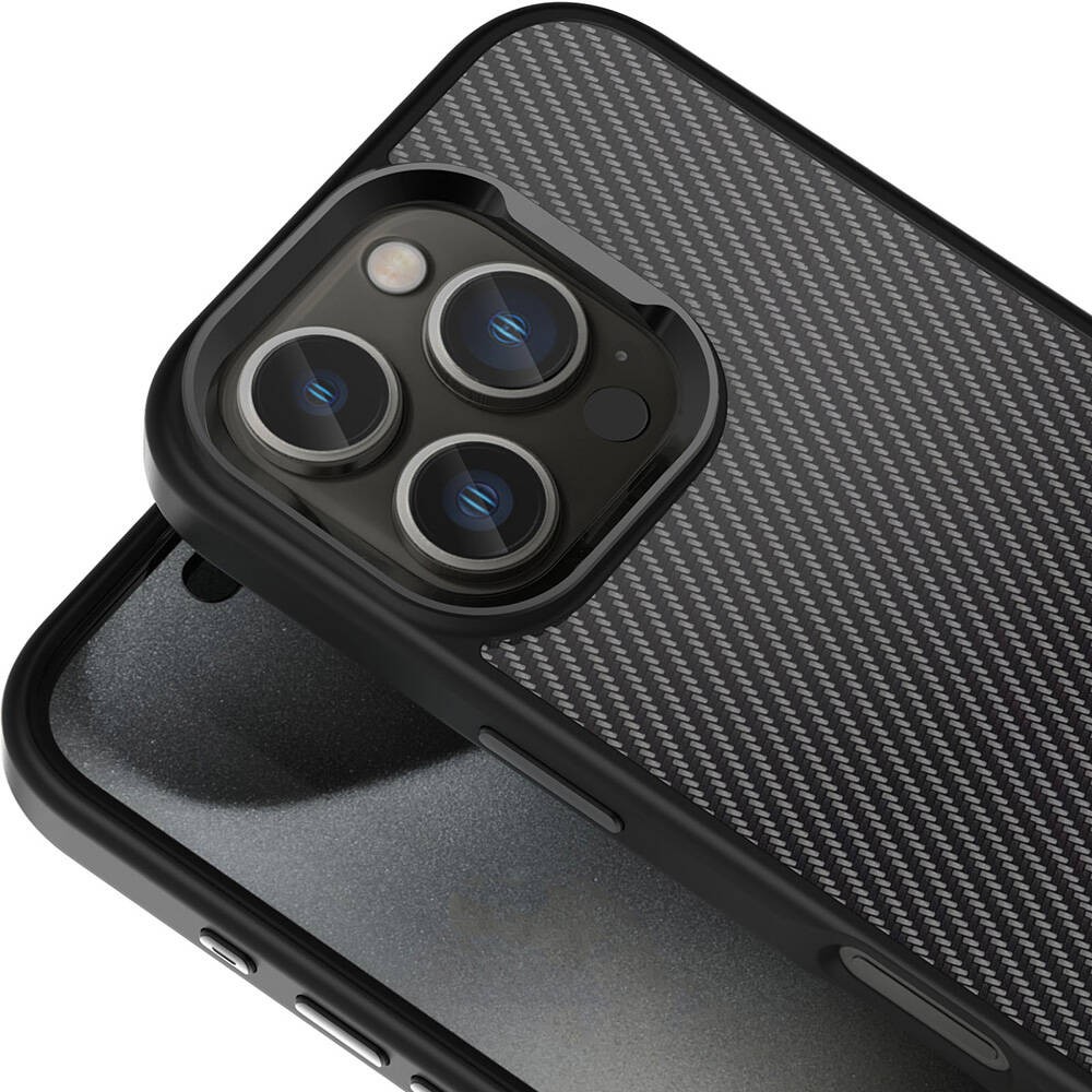 iPhone 16 Pro Max Kılıf Karbon Fiber Görünümlü Parlak Kamera Çerçeveli Venus
