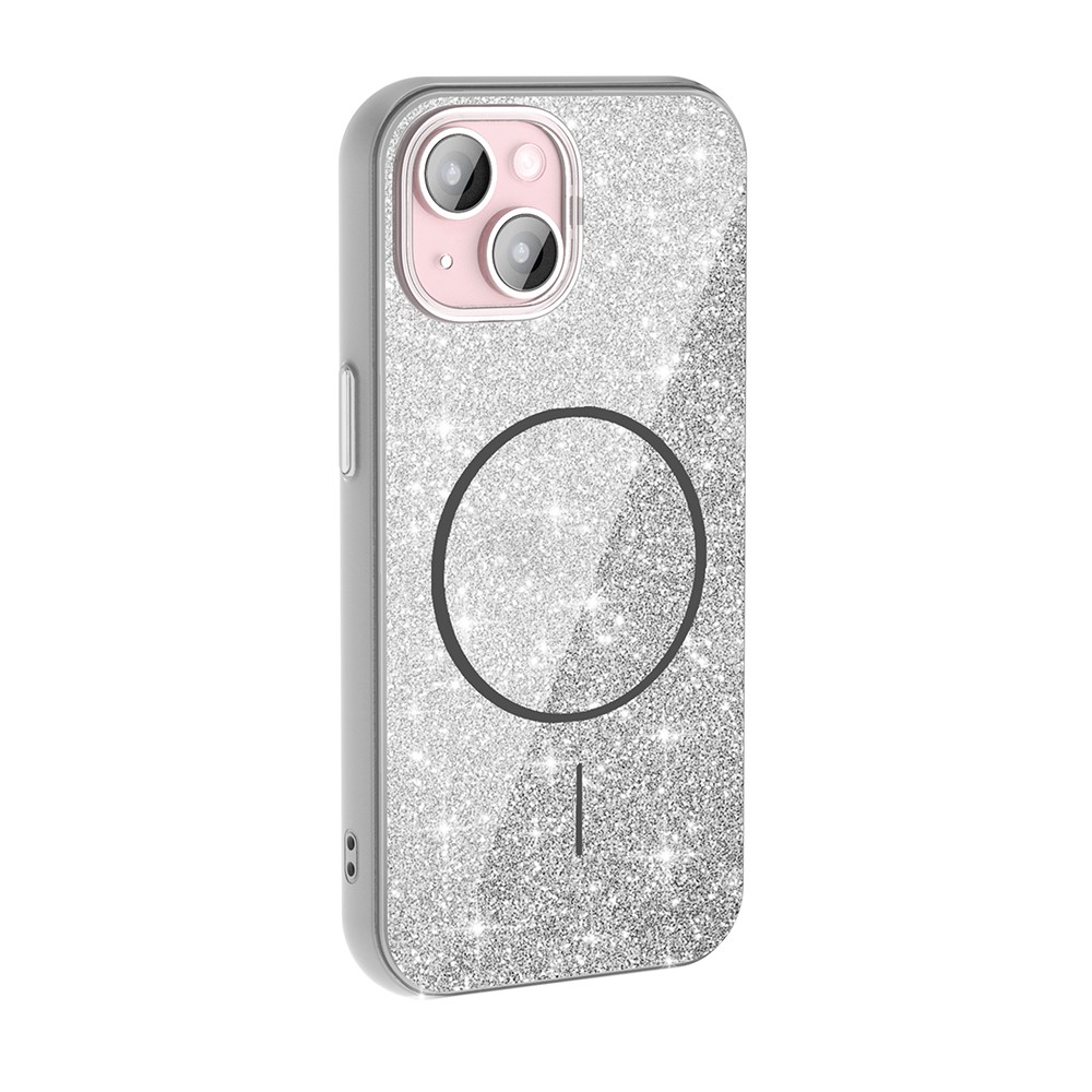 iPhone 15 Plus Kılıf M-safe Şarj Özellikli Parlayan Simli Okso