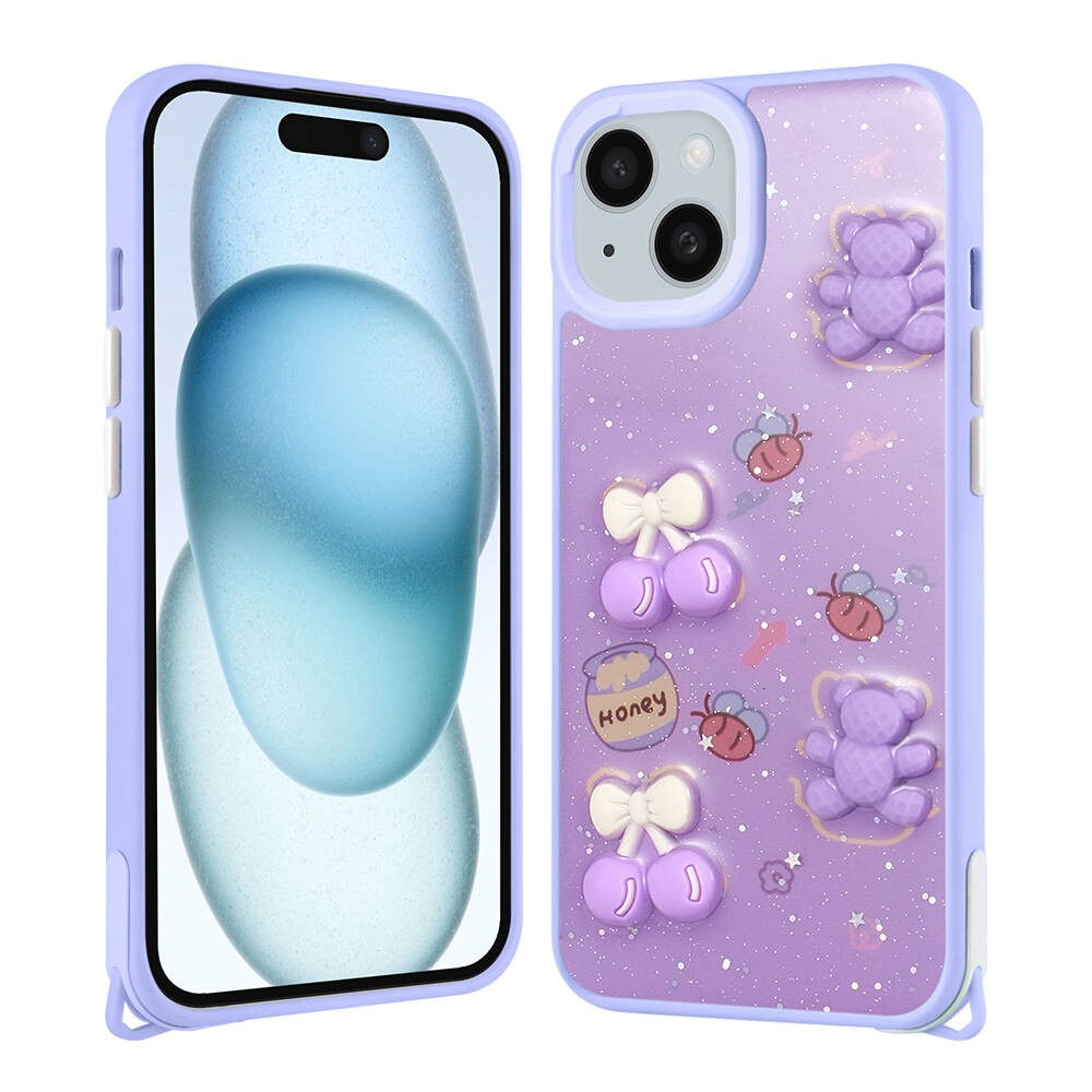 iPhone 15 Kılıf Parlayan Simli Kabartma Figürlü Cevze