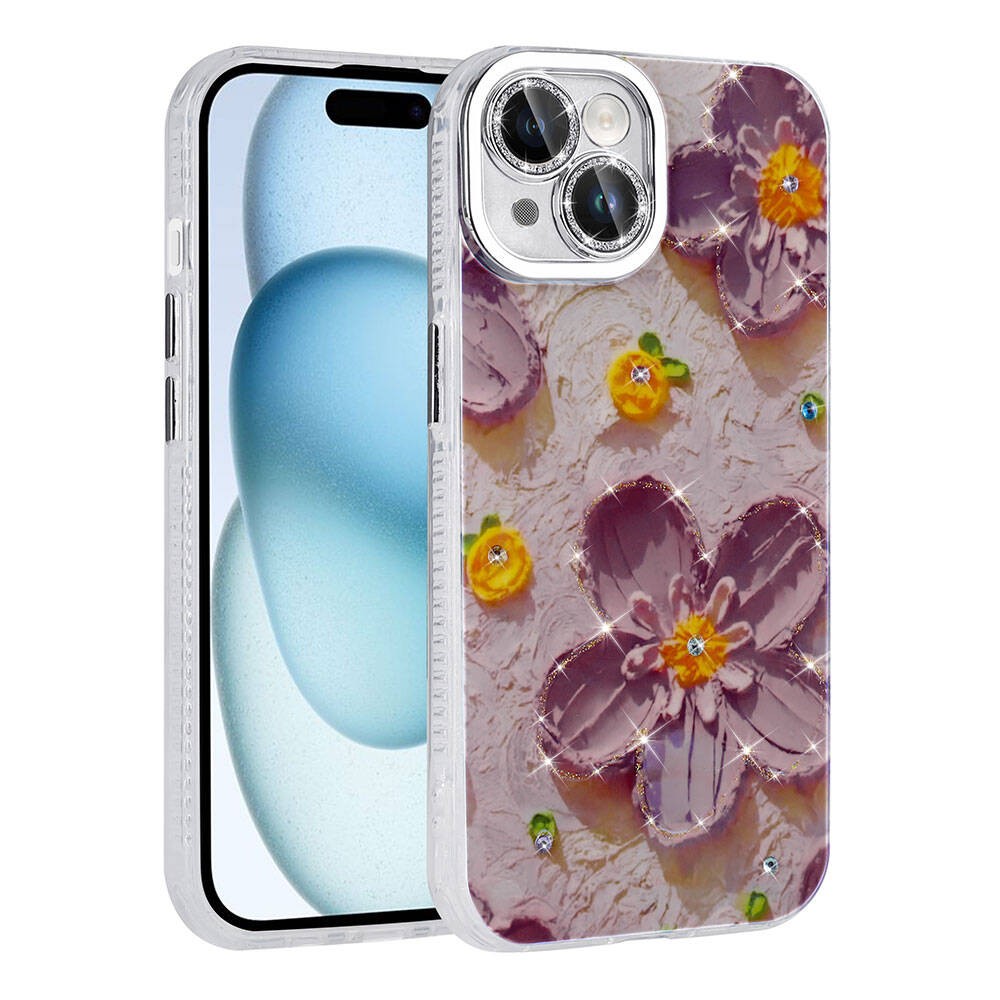 iPhone 14 Kılıf Çiçek Desenli Parlak Taşlı Sert Silikon Garden