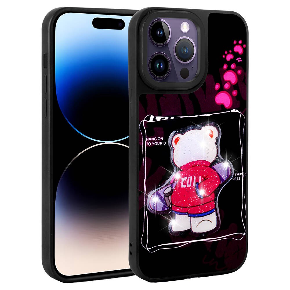 iPhone 14 Pro Max Kılıf Parlayan Kabartmalı İkonik Figürlü Amas Silikon
