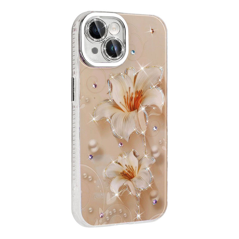 iPhone 15 Kılıf Çiçek Desenli Parlak Taşlı Sert Silikon Garden