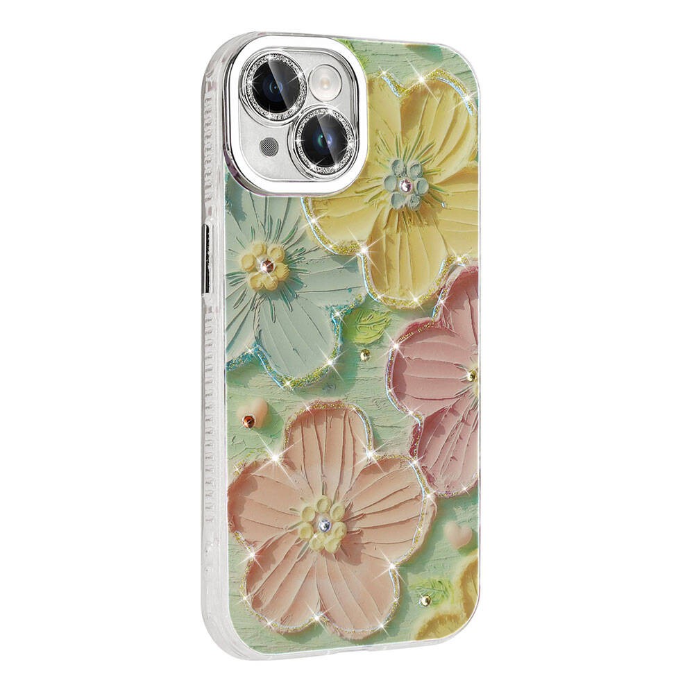 iPhone 15 Kılıf Çiçek Desenli Parlak Taşlı Sert Silikon Garden