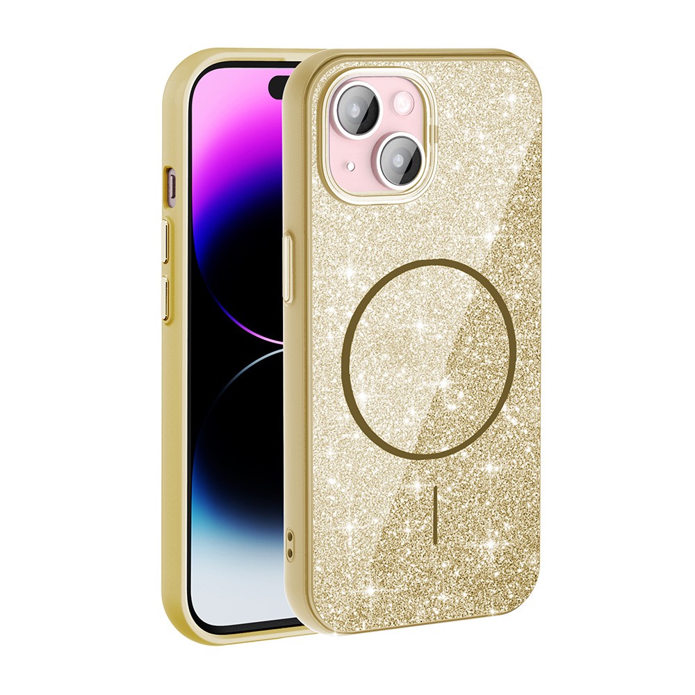 iPhone 15 Kılıf M-safe Şarj Özellikli Parlayan Simli Okso