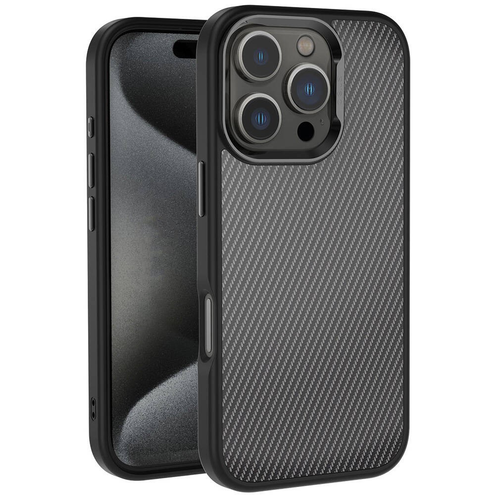 iPhone 16 Pro Max Kılıf Karbon Fiber Görünümlü Parlak Kamera Çerçeveli Venus