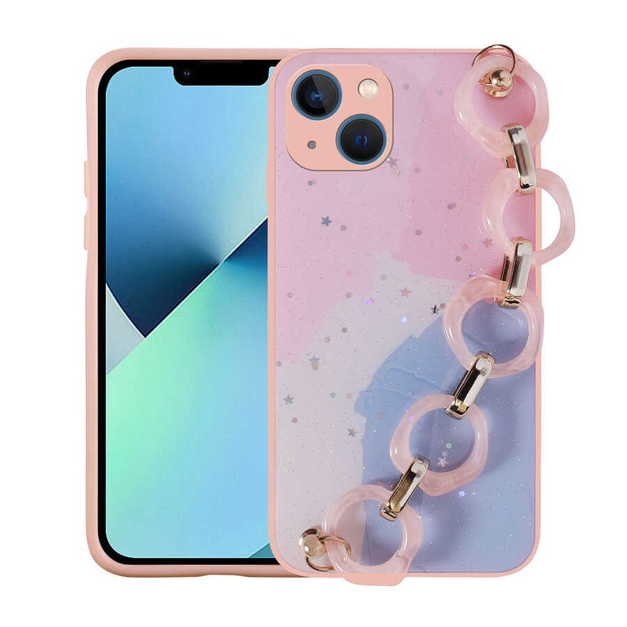 iPhone 13 Kılıf Simli Desenli El Askılı Tutacaklı Elsa Silikon
