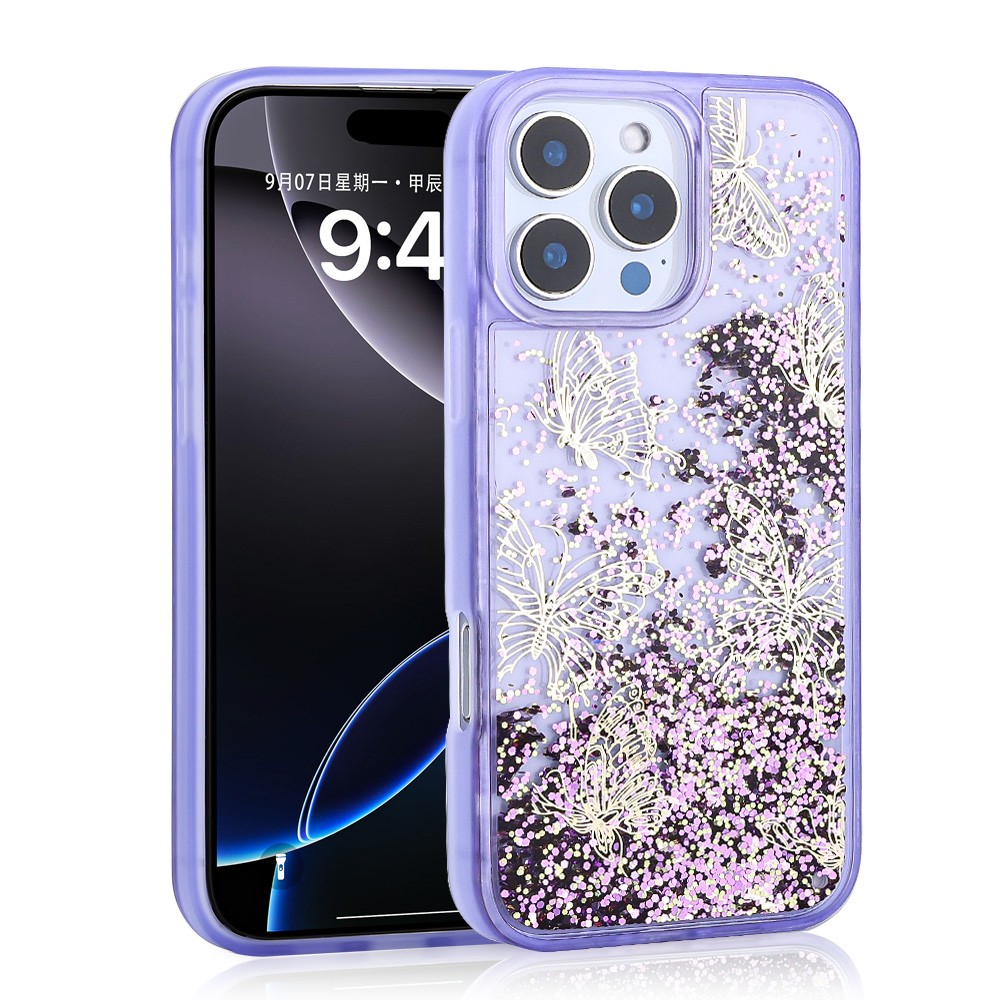 iPhone 16 Pro Kılıf Sıvılı Simli Kelebek Baskılı Şeffaf Arka Yüzey Glis Silikon