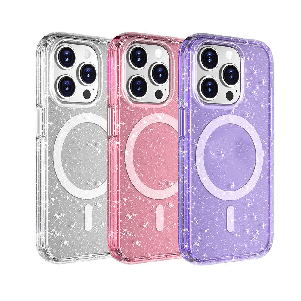 iPhone 15 Pro Kılıf M-safe Şarj Özellikli Parlayan Simli Saydam Renkli Allstar