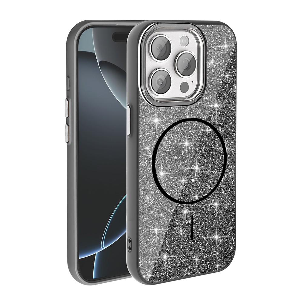iPhone 15 Pro Max Kılıf M-safe Şarj Özellikli Parlayan Simli Okso