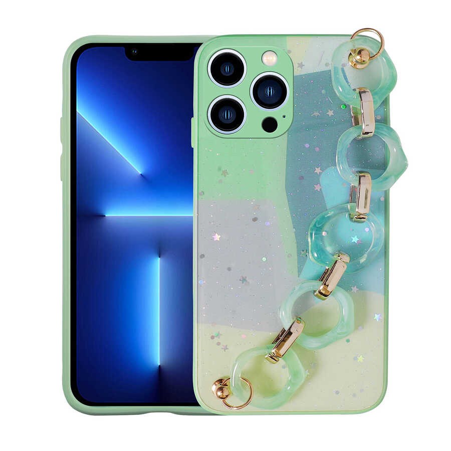 iPhone 13 Pro Max Kılıf Simli Desenli El Askılı Tutacaklı Elsa Silikon