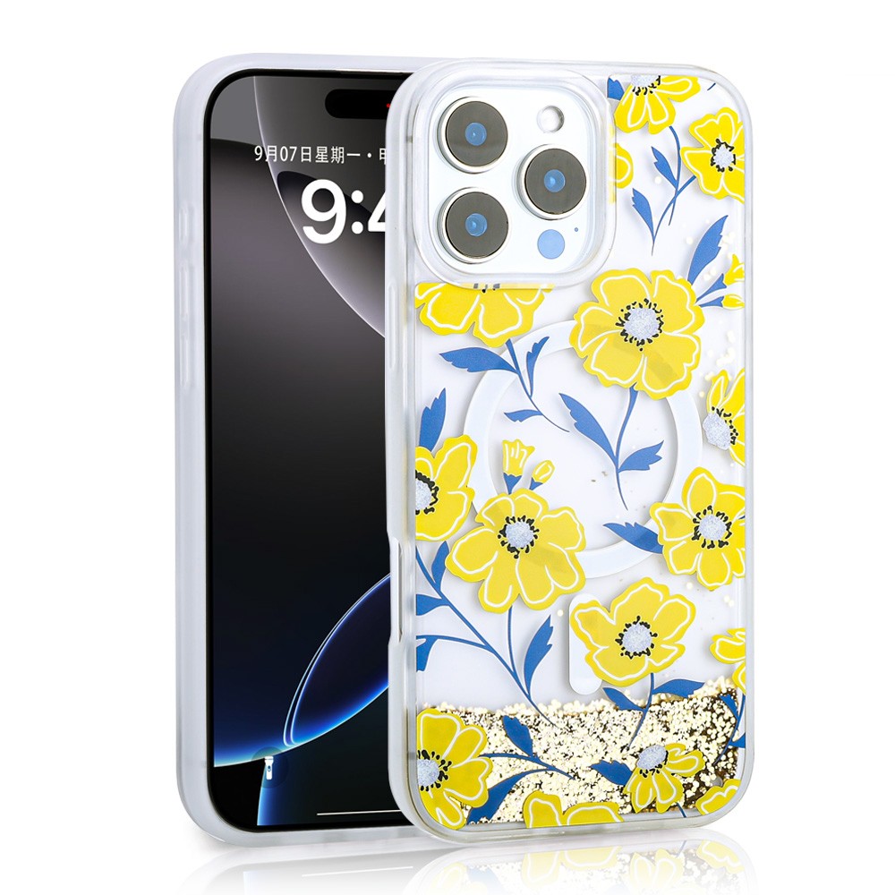 iPhone 16 Pro Max Kılıf Sıvılı Simli Baskılı Şeffaf Arka Yüzey Mossa Silikon