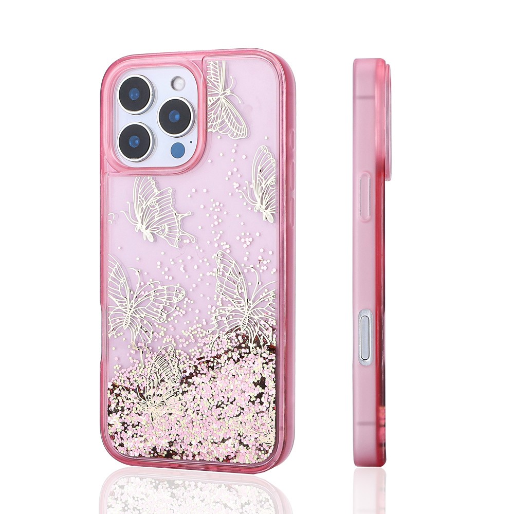 iPhone 16 Pro Kılıf Sıvılı Simli Kelebek Baskılı Şeffaf Arka Yüzey Glis Silikon