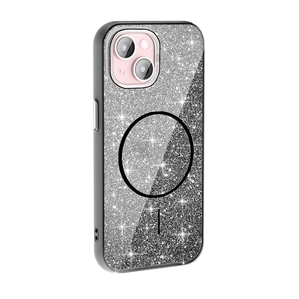 iPhone 15 Plus Kılıf M-safe Şarj Özellikli Parlayan Simli Okso