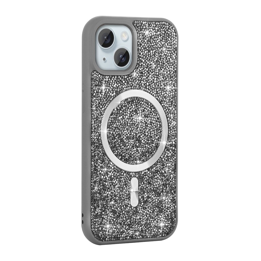 iPhone 15 Plus Kılıf Pırlanta Tasarımlı M-safe Şarj Özellikli Mozaik Silikon