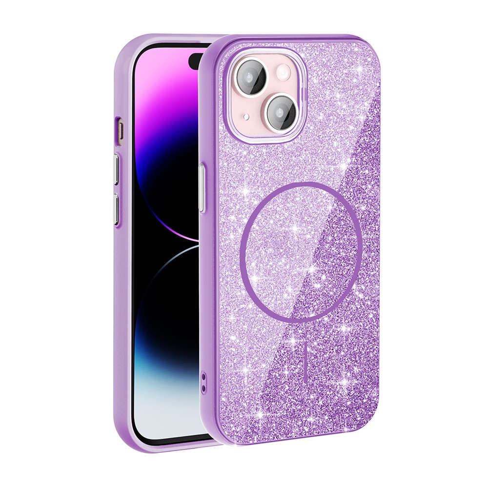 iPhone 15 Plus Kılıf M-safe Şarj Özellikli Parlayan Simli Okso
