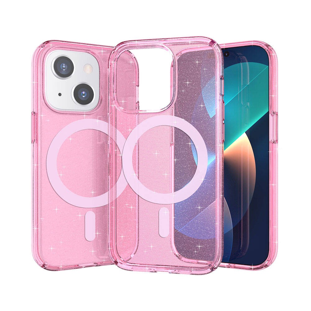 iPhone 13 Kılıf M-safe Şarj Özellikli Parlayan Simli Saydam Renkli Allstar