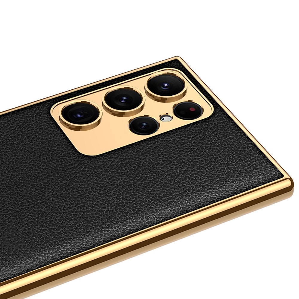 Galaxy S23 Ultra Kılıf Deri Görünümlü Kenarları Elektroplating Kaplama Fizyon