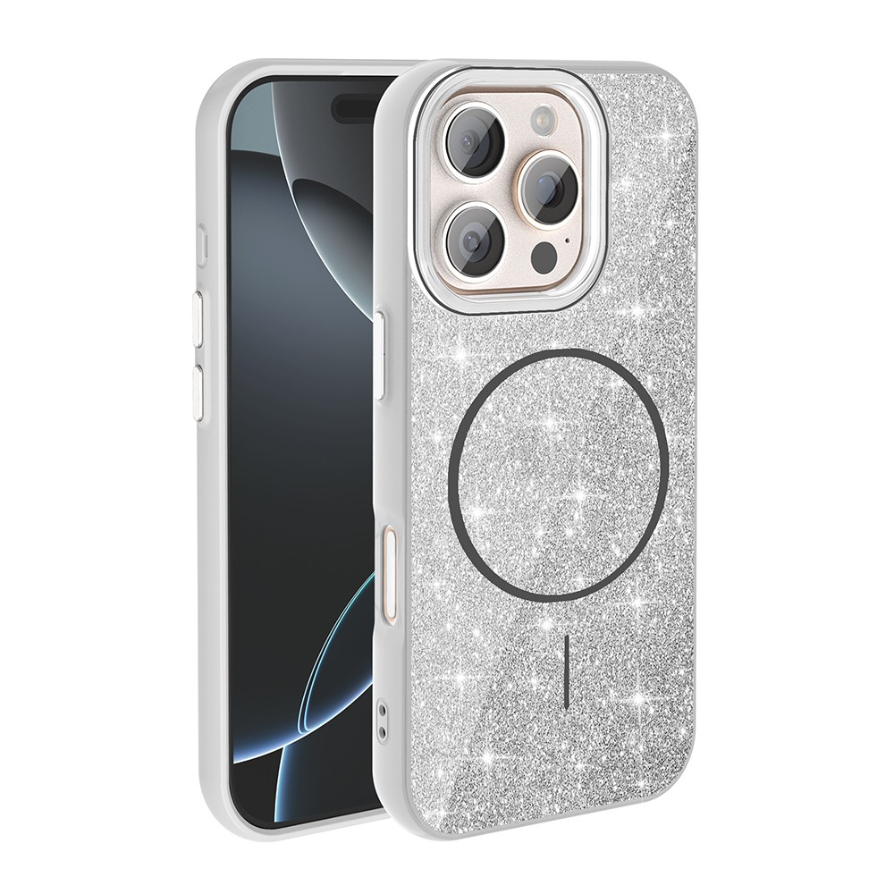 iPhone 16 Pro Kılıf M-safe Şarj Özellikli Parlayan Simli Okso