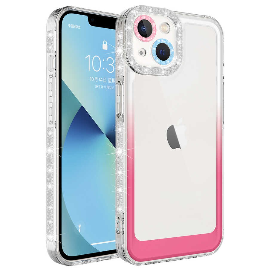 iPhone 14 Kılıf Simli ve Renk Geçiş Tasarımlı Lens Korumalı Park