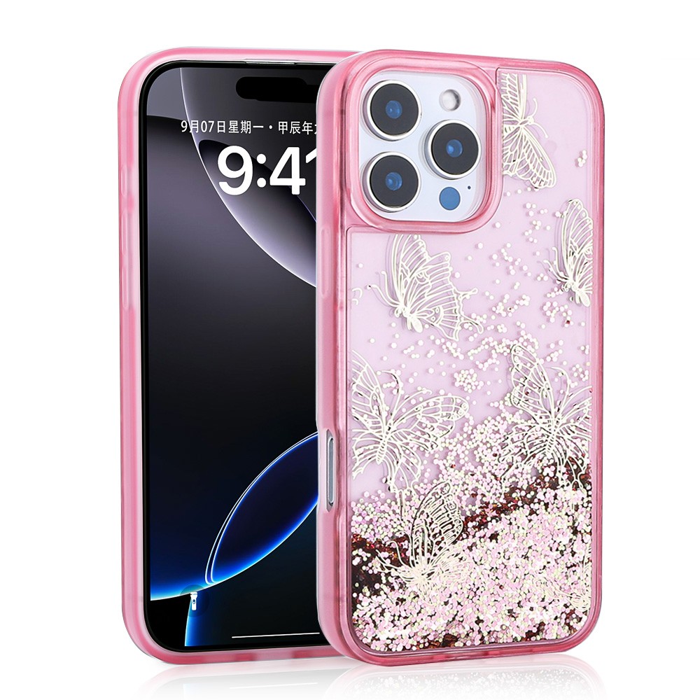 iPhone 16 Pro Max Kılıf Sıvılı Simli Kelebek Baskılı Şeffaf Arka Yüzey Glis Silikon