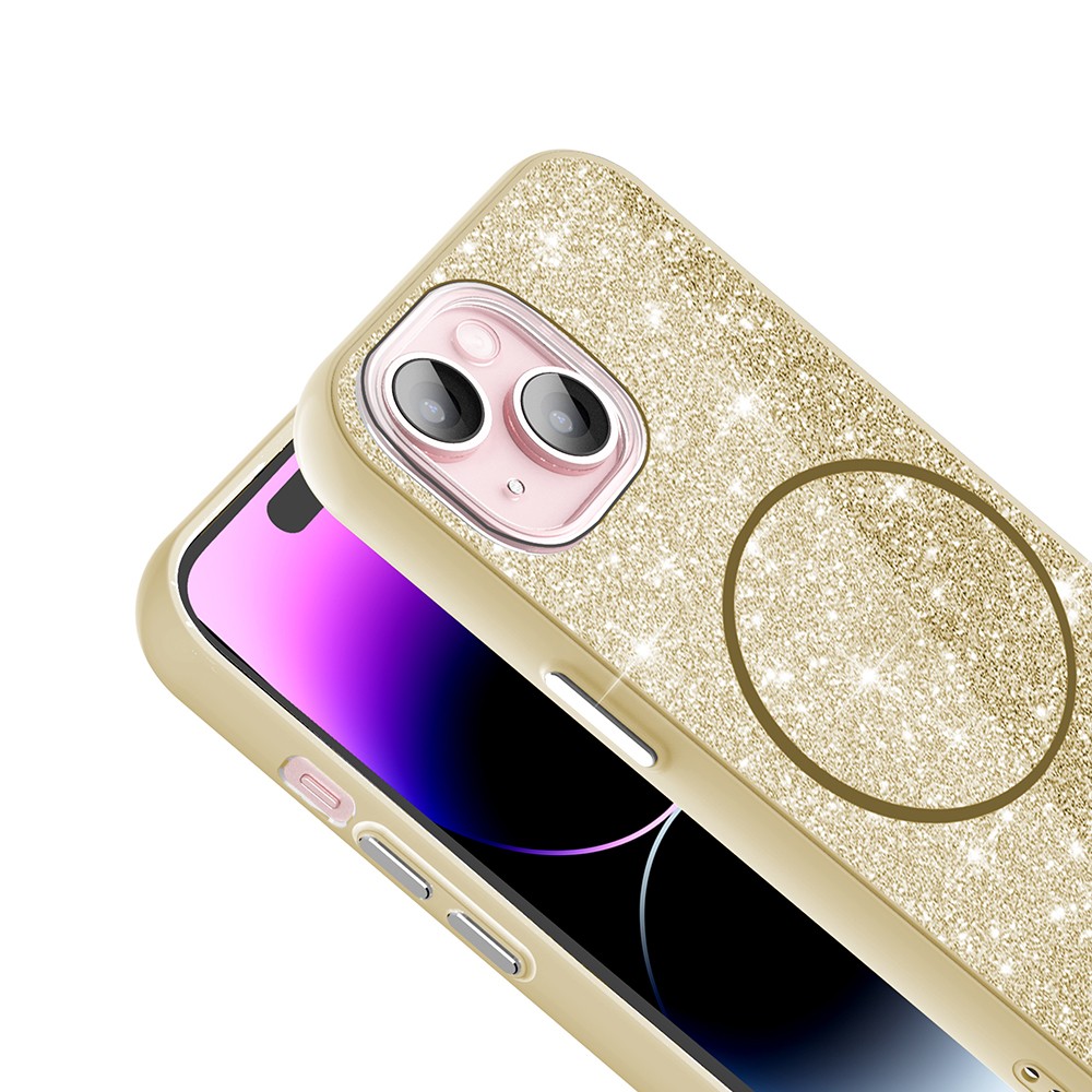 iPhone 15 Plus Kılıf M-safe Şarj Özellikli Parlayan Simli Okso