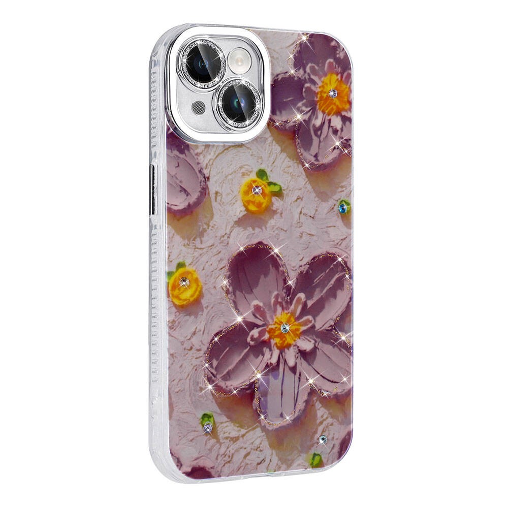 iPhone 15 Kılıf Çiçek Desenli Parlak Taşlı Sert Silikon Garden